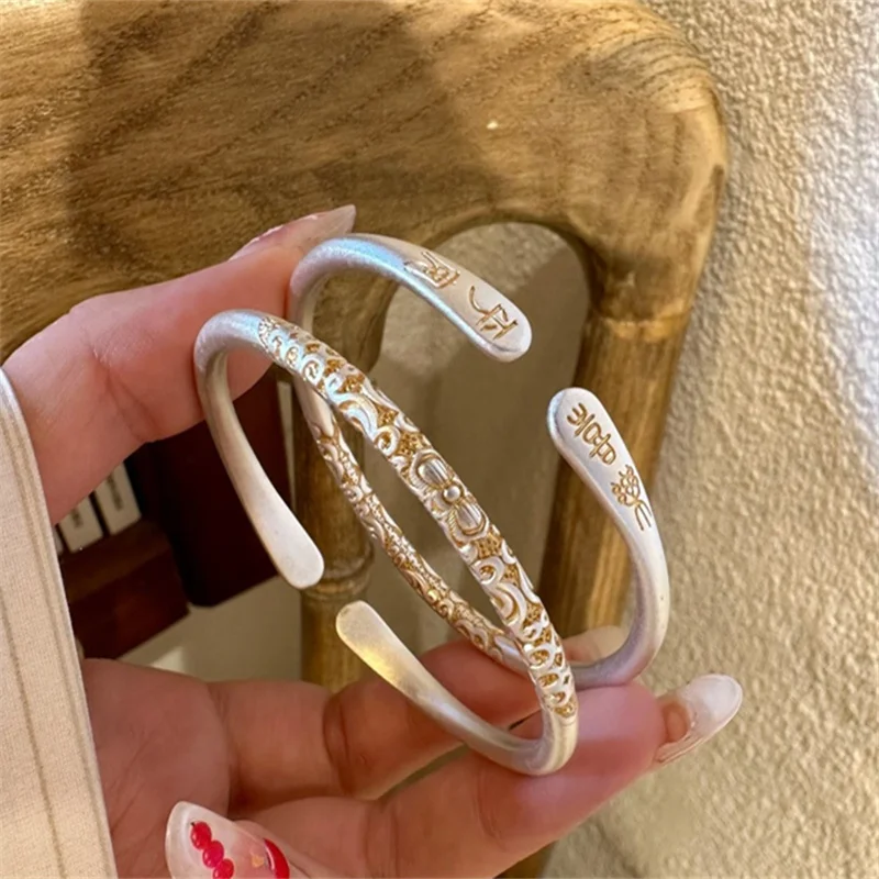 999 Sterling Silver Open Cuff Bangle for Women Matte Finish Gilded Scroll Floral Pattern Embossed Bracelet Vintage Oriental Stac