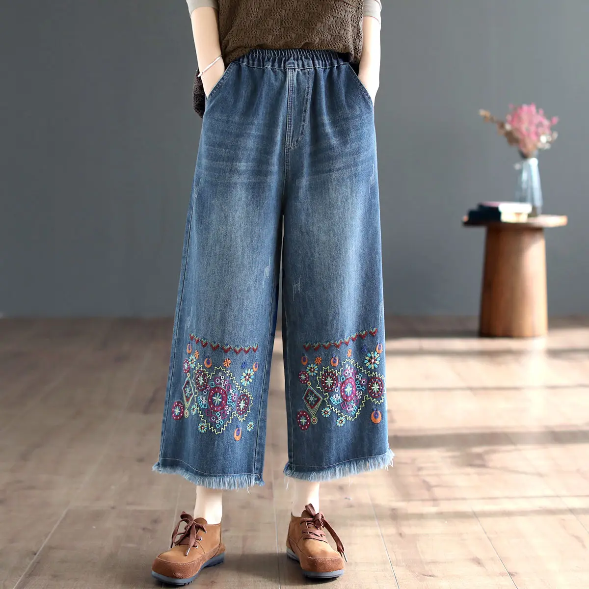 2024 Retro Ethnic Style High Waist Heavy Industry Embroidered Jeans for Women Spring and Autumn New Loose Wide Leg Pants