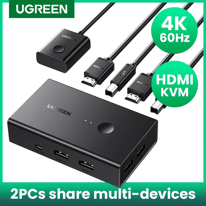 UGREEN kompatybilny z HDMI przełącznik KVM 4K @ 60Hz USB 2.0 Switcher 2 w 1 Out do drukarki Monitor mysz 2 sztuki udostępnianie 1 urządzenie Splitter