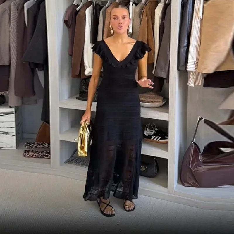 Women's Elegant Knitted Long Dress V-neck Ruffles See Through Elastic High Waist Vestidos 2025 New Summer Commuter Chic Clothing