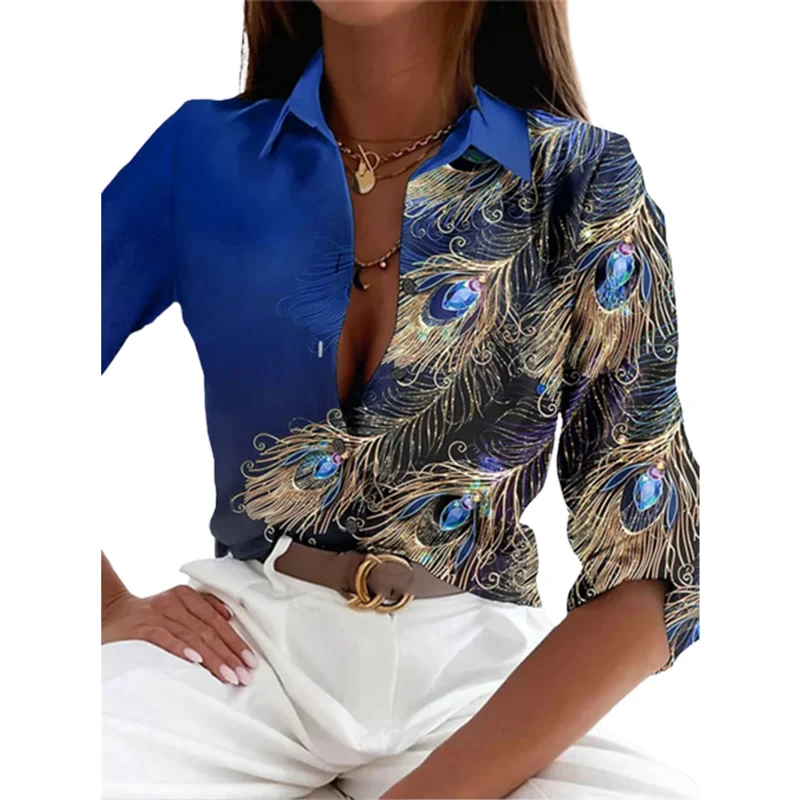 Camisa de solapa con estampado de piedras preciosas de plumas de pavo real para mujer, blusa suelta de viaje diario elegante, Tops de un solo pecho