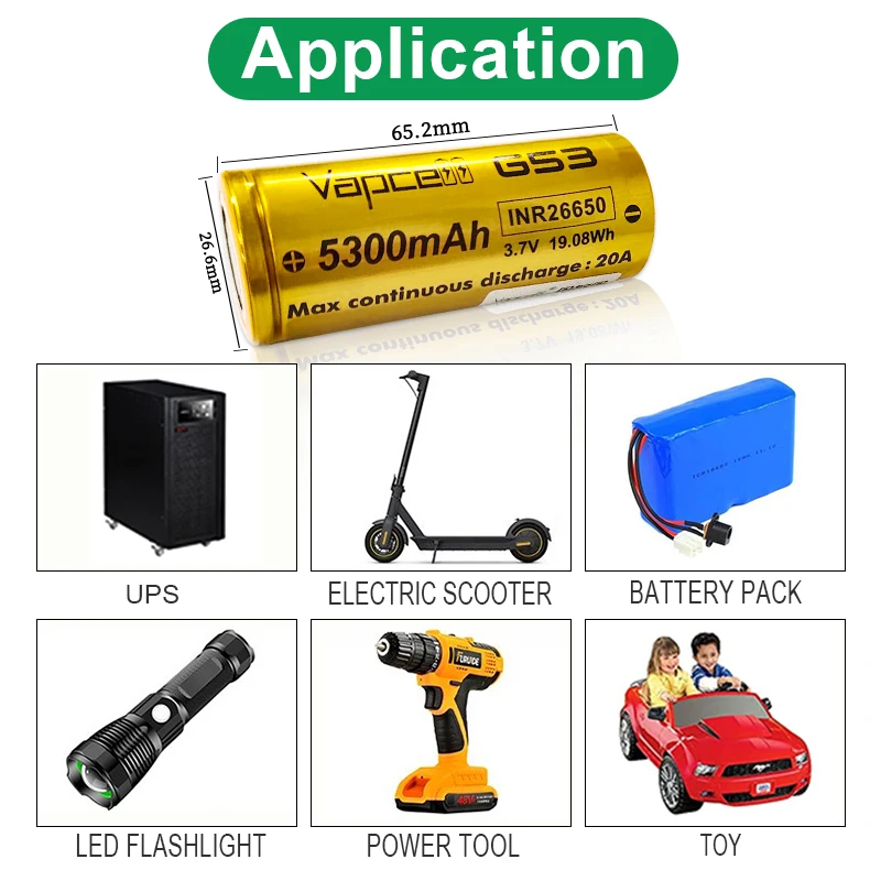 Original Vapcell 26650 G53 Battery Rechargerable lithium Batteries INR26650 5300mah 3.7V 20A Long Cycle life for Home Appliances