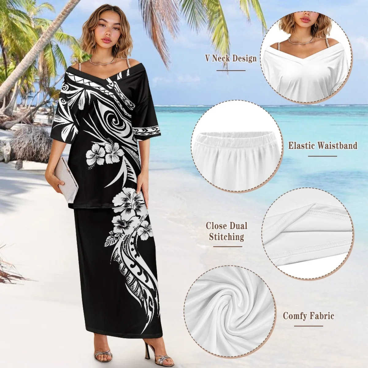 Abito Samoano Puletasi con Scollo a V, Spalle Scoperte, Mezza Manica, Set di Vestiti Tribali Polinesiani Bianco e Nero per Feste, Set di Abiti delle Isole del Pacifico