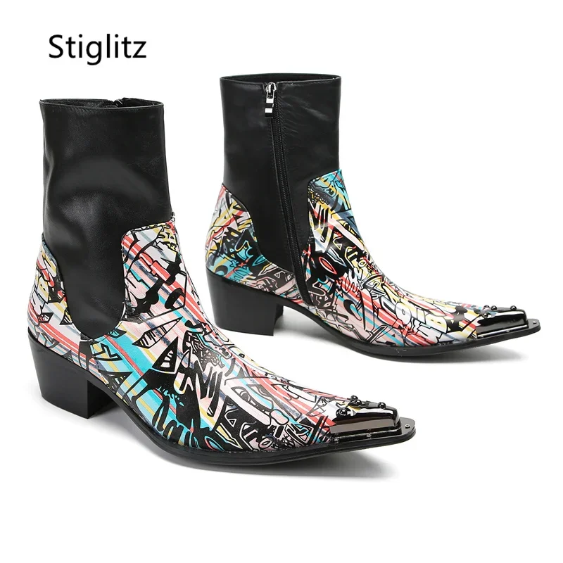 Graffiti High Heels Ankle Boots for Men Metal Pointy Work Safety Boots Street Style High-Top Men's Leather Shoes Hard-Wearing