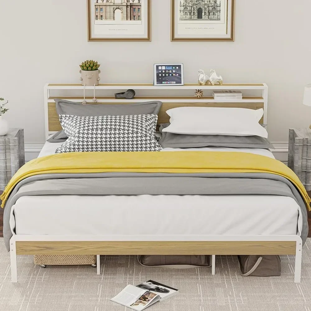 Bedroom furniture king bed frame, platform bed frame with 2 layers storage headboard, sturdy and stable, noiseless,white and log