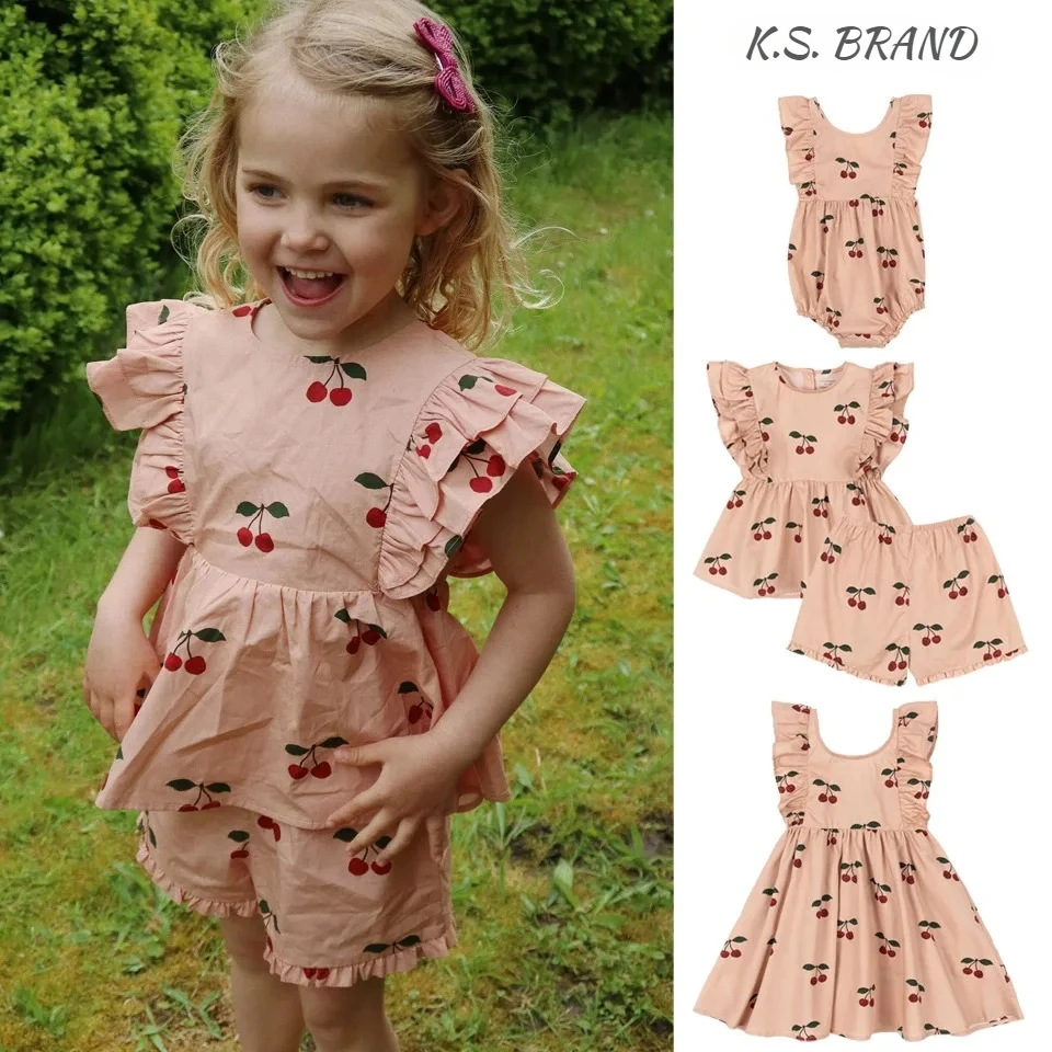 

2025 KS SS Baby Girls Cherry Princess Dresses Kids Cotton Clothes Girls Printed T Shirts + Shorts 2 Pcs Suits Rompers Sundress