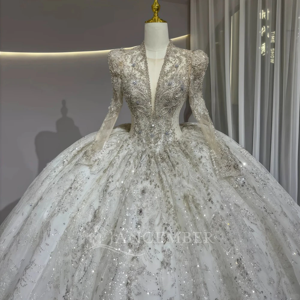 カスタムメイドの豪華なアイボリー色のロングスリーブウェディングドレス、Vネック、クリスタルビーズをあしらったブライダルプリンセスボールドレス、ウェディングドレス（vestidos de novia boda）