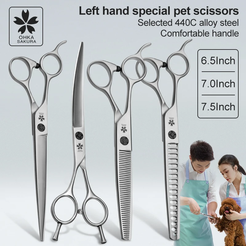 Pets Professional Left-hand ScissorsStraight CutCurved Teeth ScissorsLeft-handed Special Dog Hair Trimming Grooming Scissors