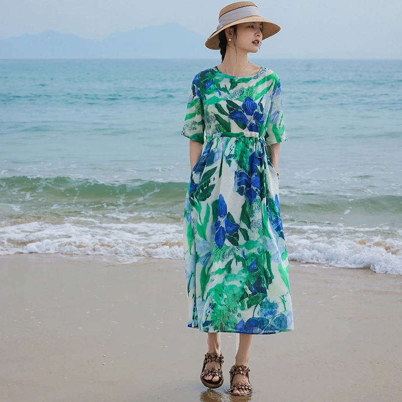 

100% Ramie Women Casual Vacation Dresses New Arrival 2026 Summer Bohemian Style O-neck Print Ladies A-line Long Dresses M2580