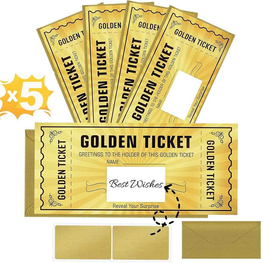 5 Juegos de Boletos Rasca y Gana Dorados con Sobres, DIY para Cumpleaños, Bodas, Conciertos, Coupón de Cine, Sorteo de la Suerte, Regalo Sorpresa, Exhibición