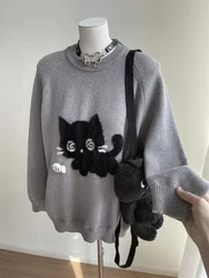 Gray Cute Cat O-neck Knit Elegant Pullover Woman 2024 Winter Design Harajuku Tops Feamale Y2k Long Sleeve Retro Sweaters Mujer