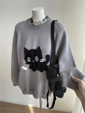 Graue süße Katze O-Ausschnitt stricken elegante Pullover Frau 2024 Winter Design Harajuku Tops weibliche Y2k Langarm Retro Pullover Mujer