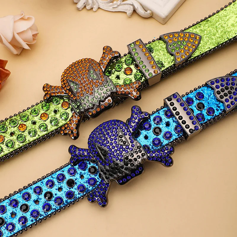 キラキラスカルラインストーンバックル135cmウエストベルト-レディース-パンクストリートpuレザージーンズストラップ-グリーンブルーリベット-シュシュベルト-メンズ