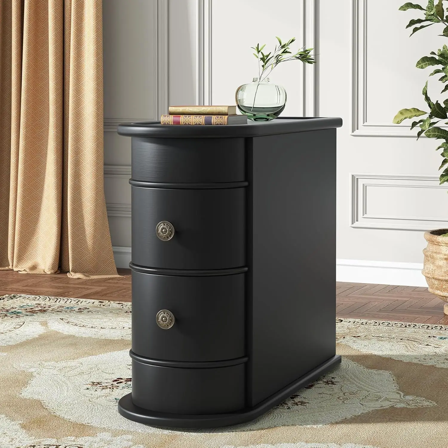 Solid Wood End Table, 2-Drawer Narrow Side Table Slim Chair Side Table, No Assembly Required, Finished Back, Black