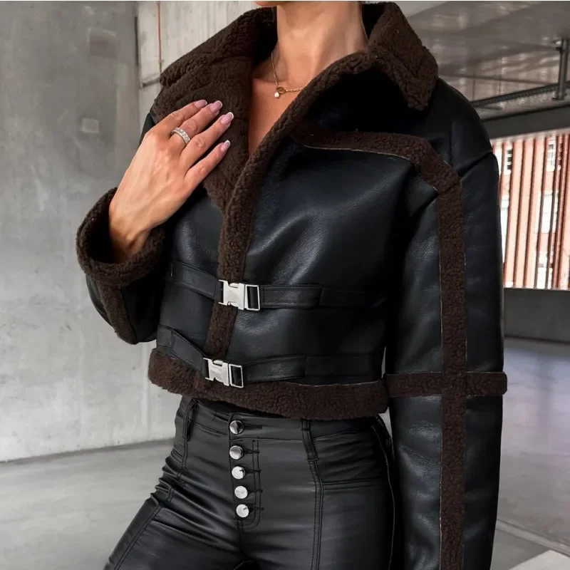 Retro Splicing Faux Leather Jackets for Women Fashion Warm Autumn Winter Outerwear Female Fleece Long Sleeve Short Coats Mujer