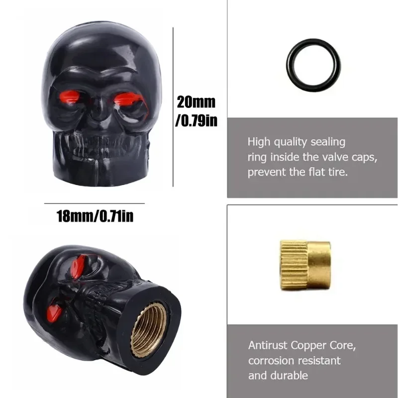 1-8pcs Universal Car Skull Style Antirust Copper Core Motorcycle Bike Car Wheel Tyre Tires Valve Stem Caps Exterior Accessories