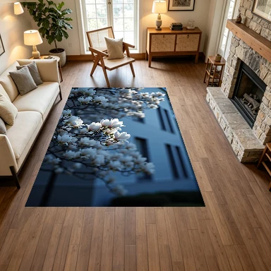 White Magnolia Flowers Modern Building Background Carpet Flooring, Spring Floral Non-Slip Floor Rug for Living Room Bedroom Home Decoration
