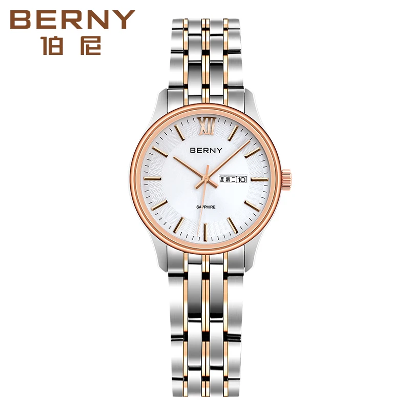 BERNY Women Quartz Wristwatches Stainless Steel Sapphire Glass Auto Date Waterproof Luxury Ladies Calendar Dress Watch for Women