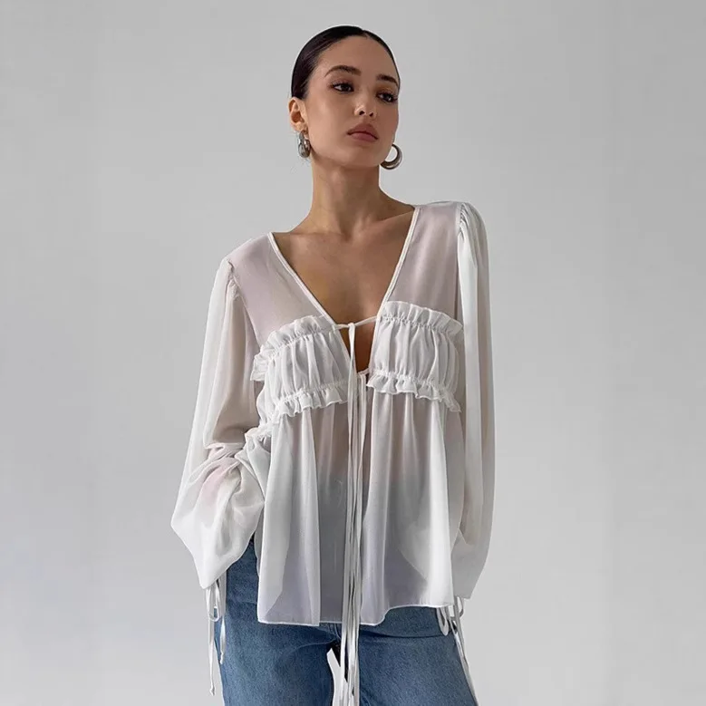 

Осенняя женская рубашка на шнуровке с v-образным вырезом и рюшами, сетчатая женская блузка с длинными рукавами, минималистичная женская рубашка в корейском стиле