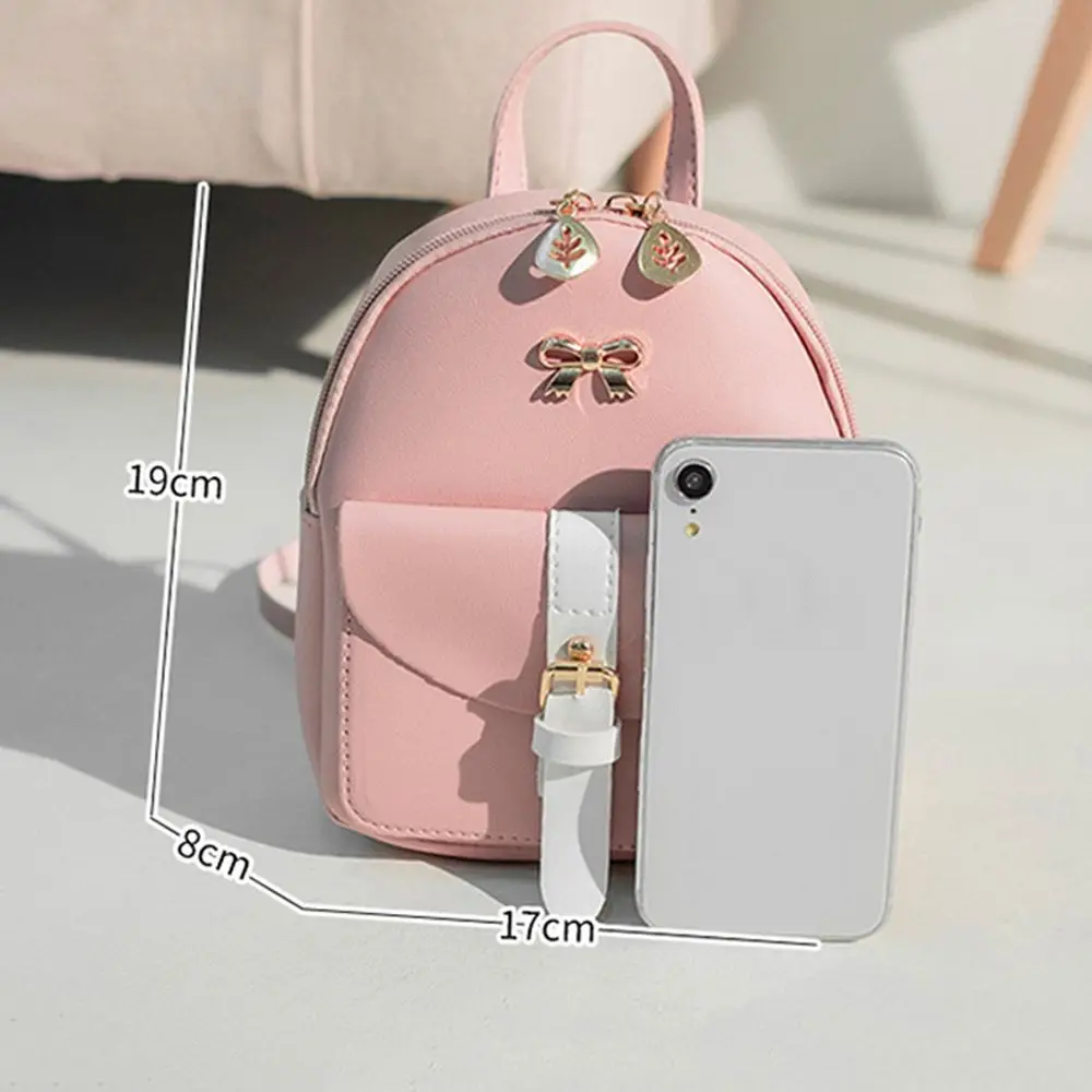 Women\'s Mini Backpack PU Leather Kawaii Backpack Cute Graceful Bagpack Small School Bags for Girls Bow-knot Leaf Hollow