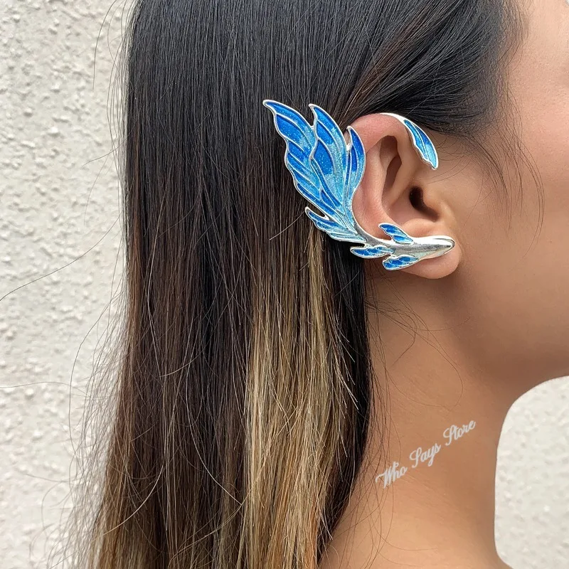 Personality Gradient Blue Fish Tail Ear Cuff Earring Animal No Piercing Elf Ear Clip Halloween Cosplay Ear Bone Clip Jewelry 귀걸이