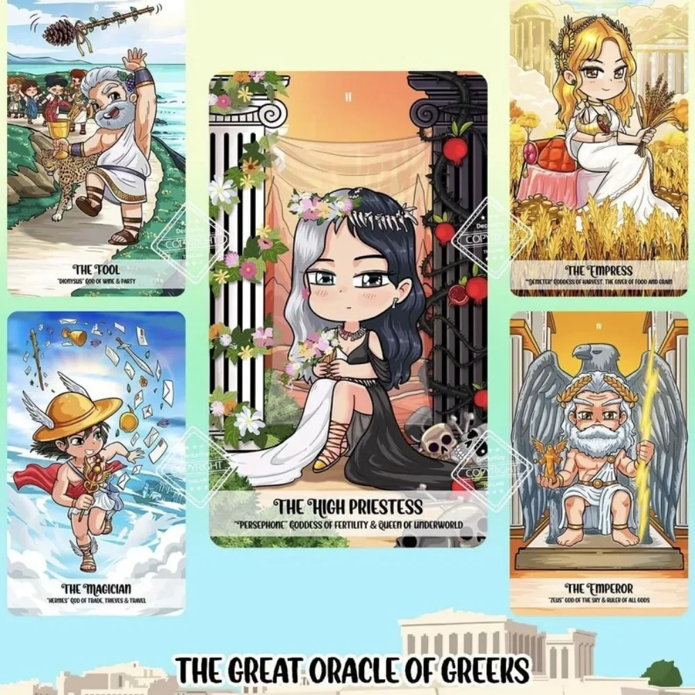 12*7cm Pythia Tarot | Unique Indie Tarot Deck for Beginners | The Greek Gods | Myth Zeus Athena Hecate | Cute Fairytale Cartoon