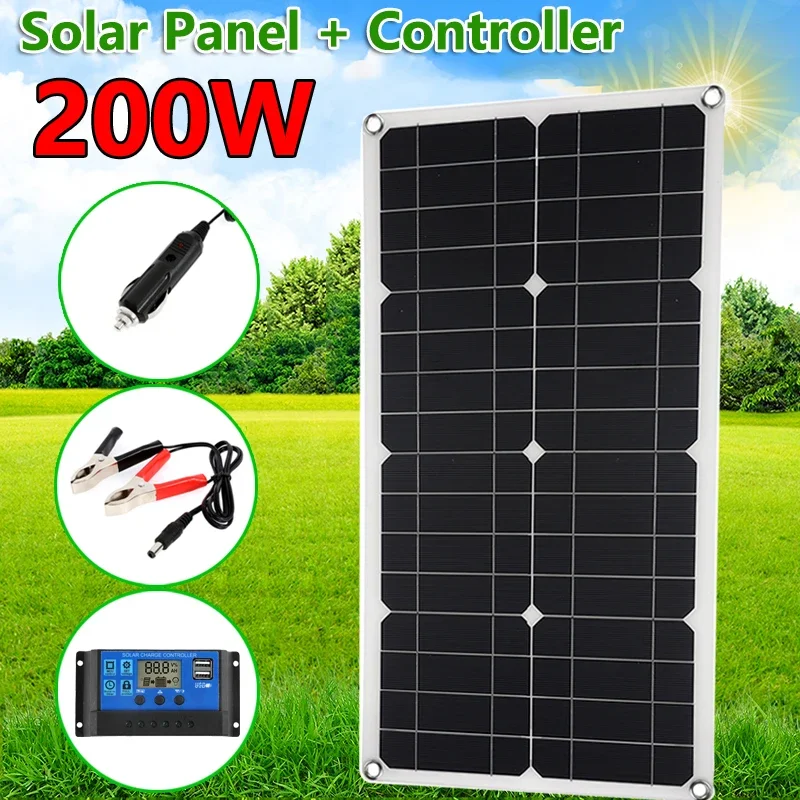 200W Solar Panel 60A Controller Dual USB Port Portable Charger For 12V Battery Mobile Phone Car Yacht RV Lights Charging Outdoor