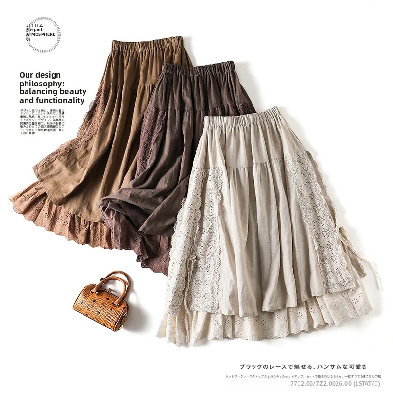 

Ele Lace Patchwork Linen A-Line Midi Skirt High Waist Gored Silhouette Long Skirt Pure Color Commute Sle Spring