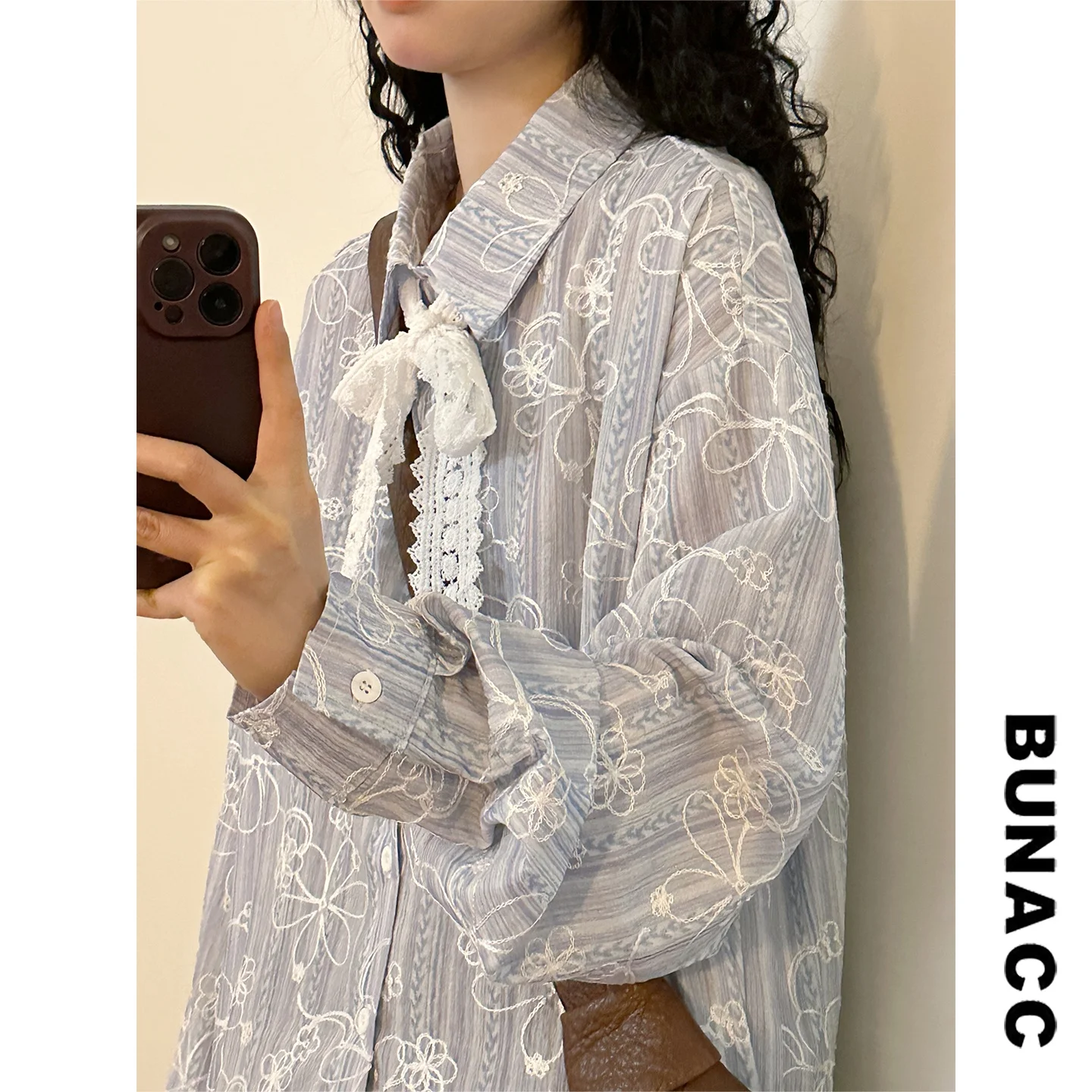 

Весенняя винтажная женская рубашка свободного кроя с длинным рукавом, кружевными вставками и узлом, дышащая, повседневная, на пуговицах