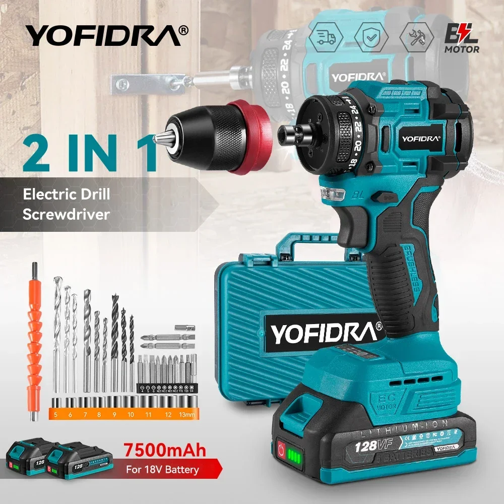 YOFIDRA 2 in1 Brushless Electric Screwdriver Hammer Cordless Drill Impact Multifunctional Power Tool For Makita 18V Battery Pin