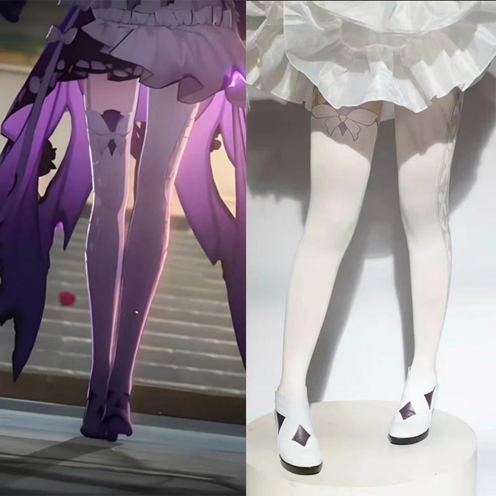 Anime Honkai: 스타 레일 Castorice 코스프레 의상 팬티 스타킹 흰색 보라색 나비 여성 JK 스타킹 소녀 유니폼 액세서리