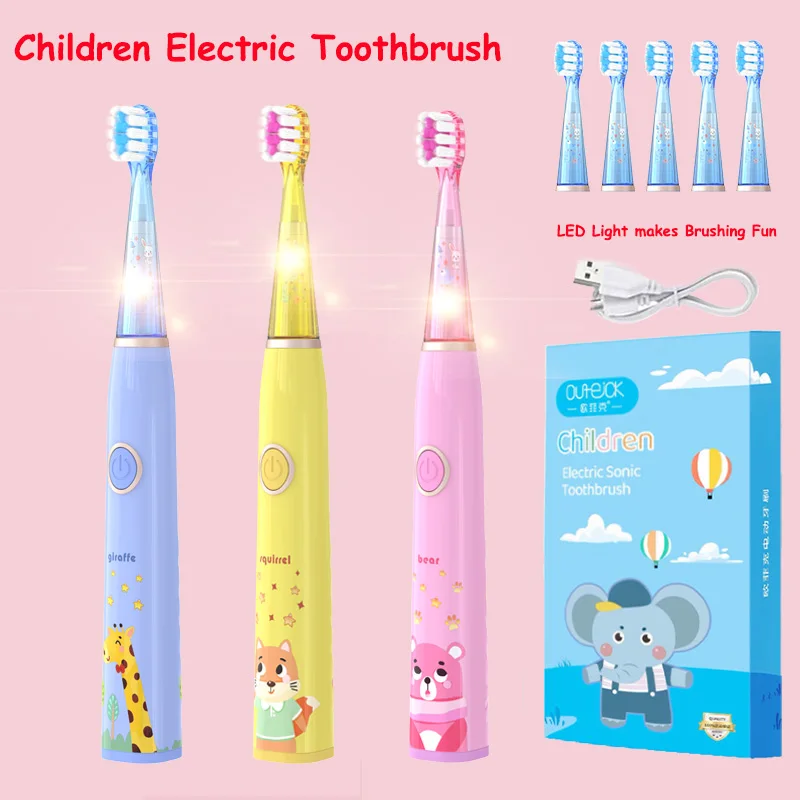 Kids Sonic Electric Toothbrush with Colorful LED Light Cartoon IPX7 Waterproof Deep Clean Teeth Care Rechargeable Toothbrush