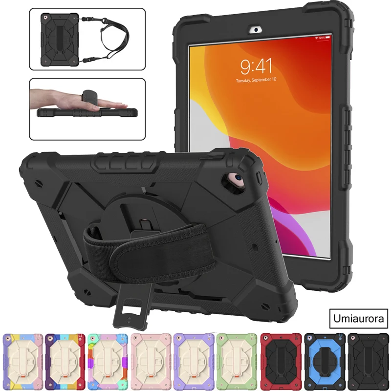 For IPad 10.2 7th 8th 9th 10th Gen 10.9 inch 5th 6th 9.7 2018 Mini5 Stand Shockproof Armor Cover Rotation Hand Strap Tablet Case