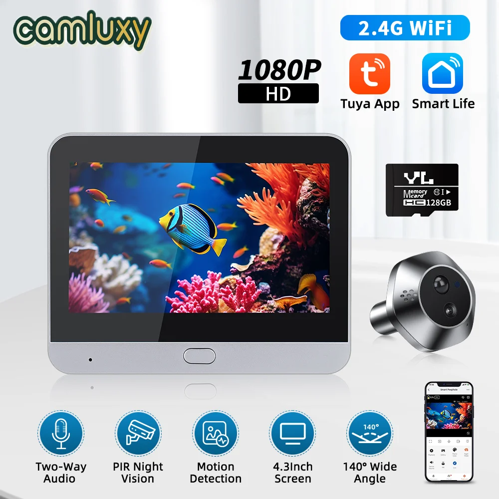 Camluxy 1080P Smart 4.3Inch Tuya WiFi Video Doorbell Eye Peephole Camera Alexa Google Digital Door Viewer Two Way Audio