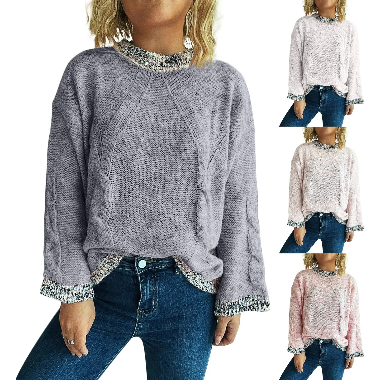 Women'S Spliced Round Neck Knitted Top Casual Commuting Loose Sweater Ropa De Mujer Sweater De Mujer Pull Femme свитера женские