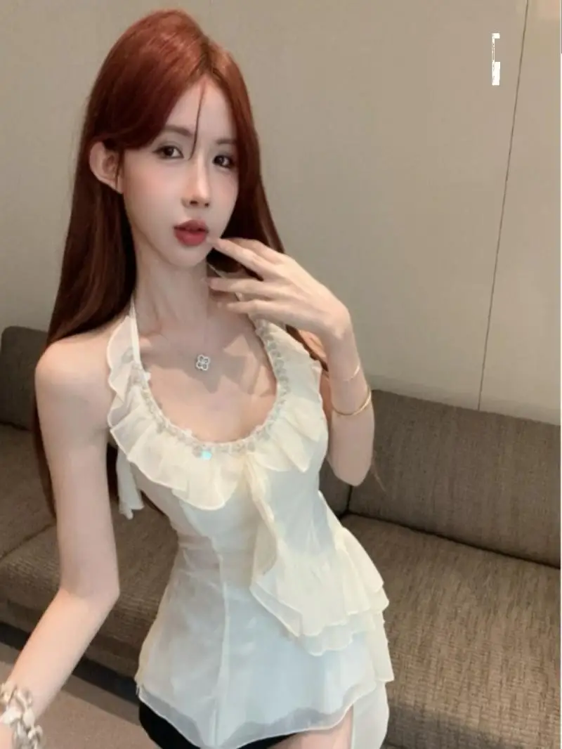 

Summer Pure Desire Sweet Spicy Girl Open Back Ruffle Edge Hanging Neck Strap Design Feeling Sleeveless Top Female Clothing