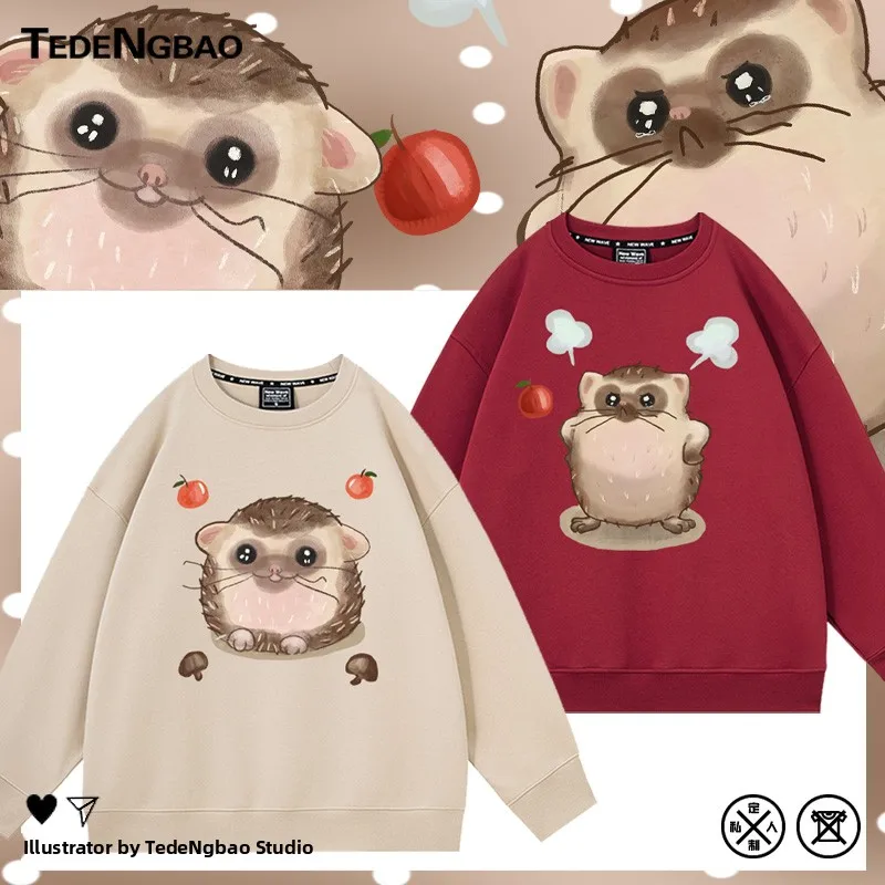 

Cartoon Animal Couple Hoodies round Ne Fce Lined Casual Youth Base Layer Top Winter Comfortable Loose Fit Cotton Blend