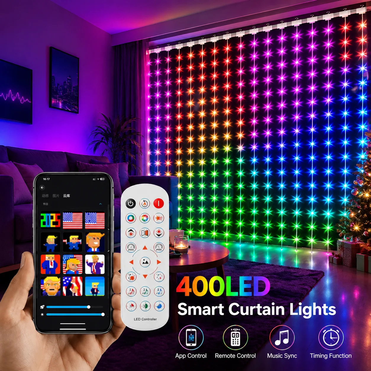 400LED RGB Smart Curtain Lights App Remote Music Sync, USB Fairy String for Wedding Birthday Indoor Party Backdrop Decor