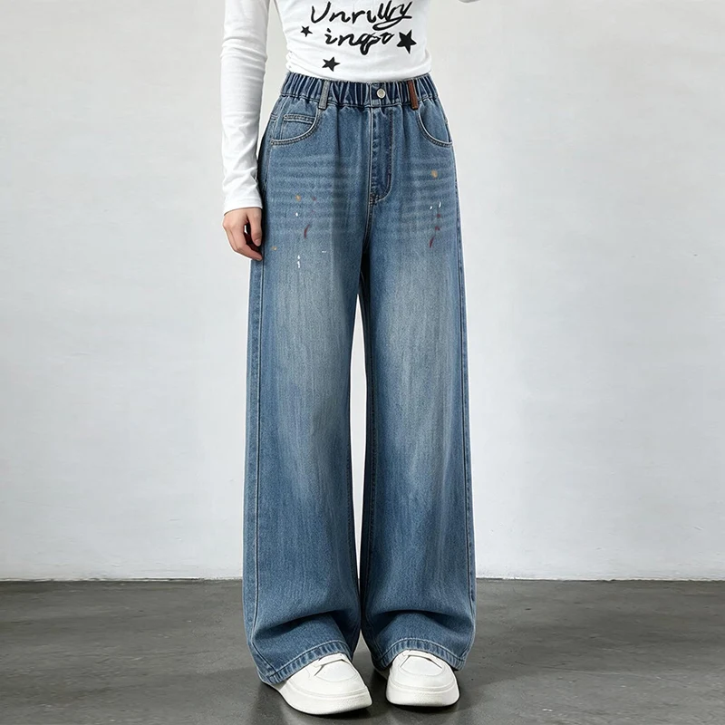 Girl graffiti splashed ink wide leg jeans, retro stone washed denim fabric, loose full-length thigh pants, girl campus casual st