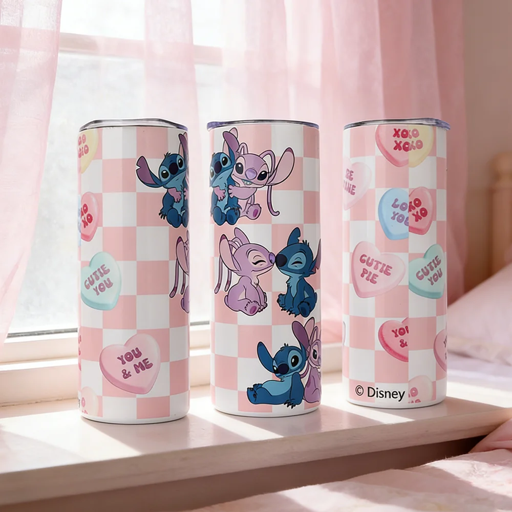 1 unidad Vaso térmico de acero inoxidable de 20 oz con diseño de Stitch y Angel de dibujos animados, rosa a cuadros, con pajita, regalo perfecto