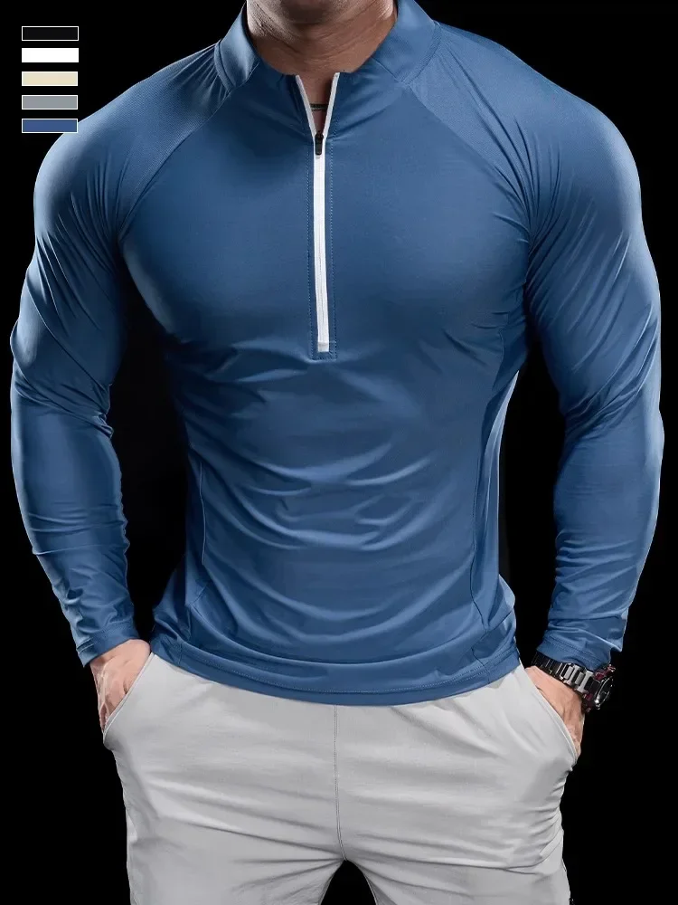 2024 New Men Sports T-shirt Gym Fitness Tops Running Training Clothes Autumn Round Neck Quick-drying Breathable Long Sleeves