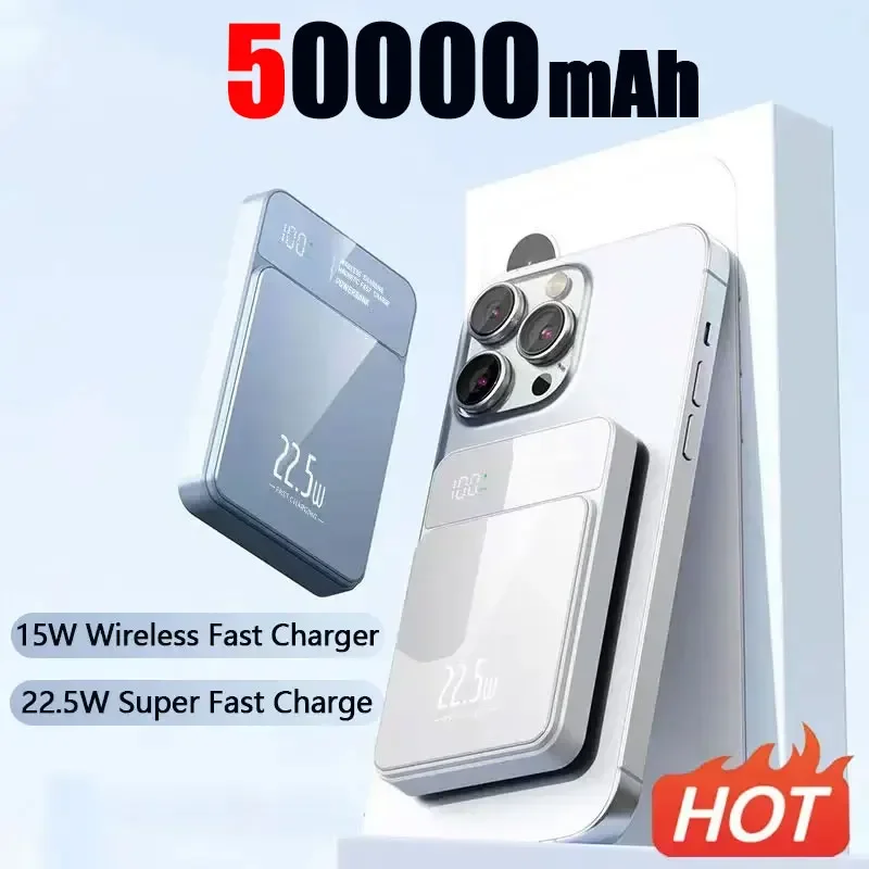 

50000mah Magnetic Power Bank 22.5W Qi Wireless Charger Powerbank For Iphone 15 14 13 Samsung Huawei Xiaomi Super Fast Charging