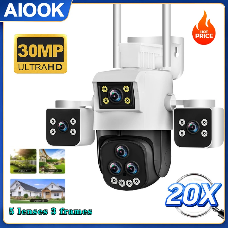 

AIOOK 20X Zoom Outdoor Camera HD 30MP WiFi Camera 5 Lens Waterproof Night Vision Two Way Intercom Mobile Tracking PTZ IP CCTV