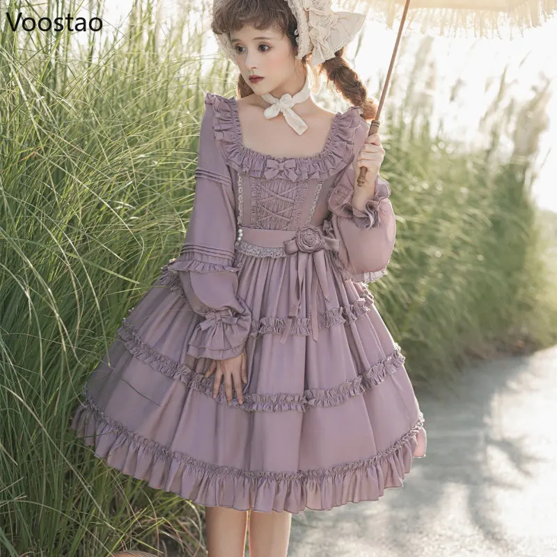 

Victorian Lolita Dress Women Elegant Purple Grape Manor Pastoral Style Bow Lace Rose Princess Dresses Girl Sweet Lolita Clothing