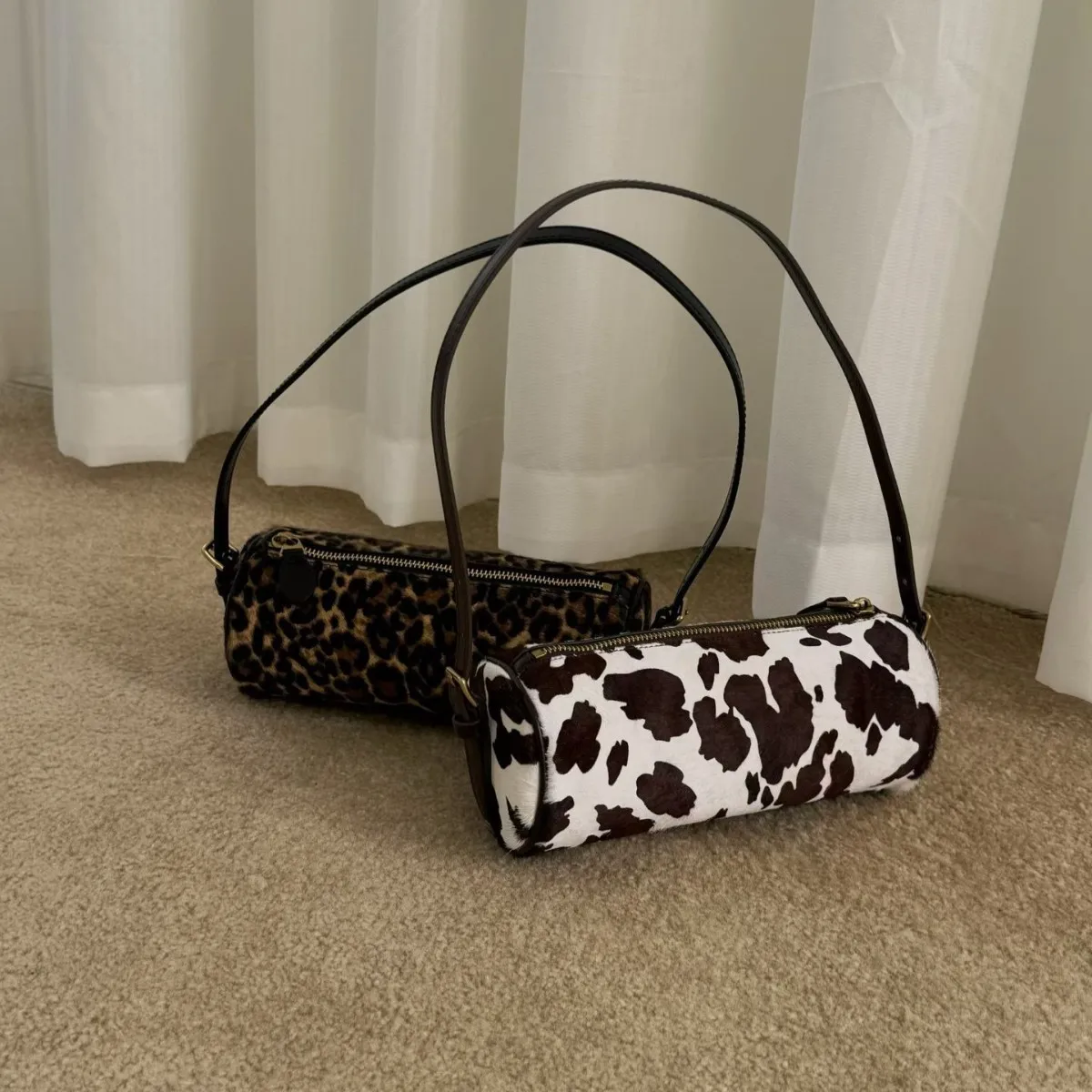

FIRMRANCH Cute Tubular Design Sexy Leopard Print Dairy Cow Pattern Women's Single Shoulder Cylinder Bag Crossbody Purse