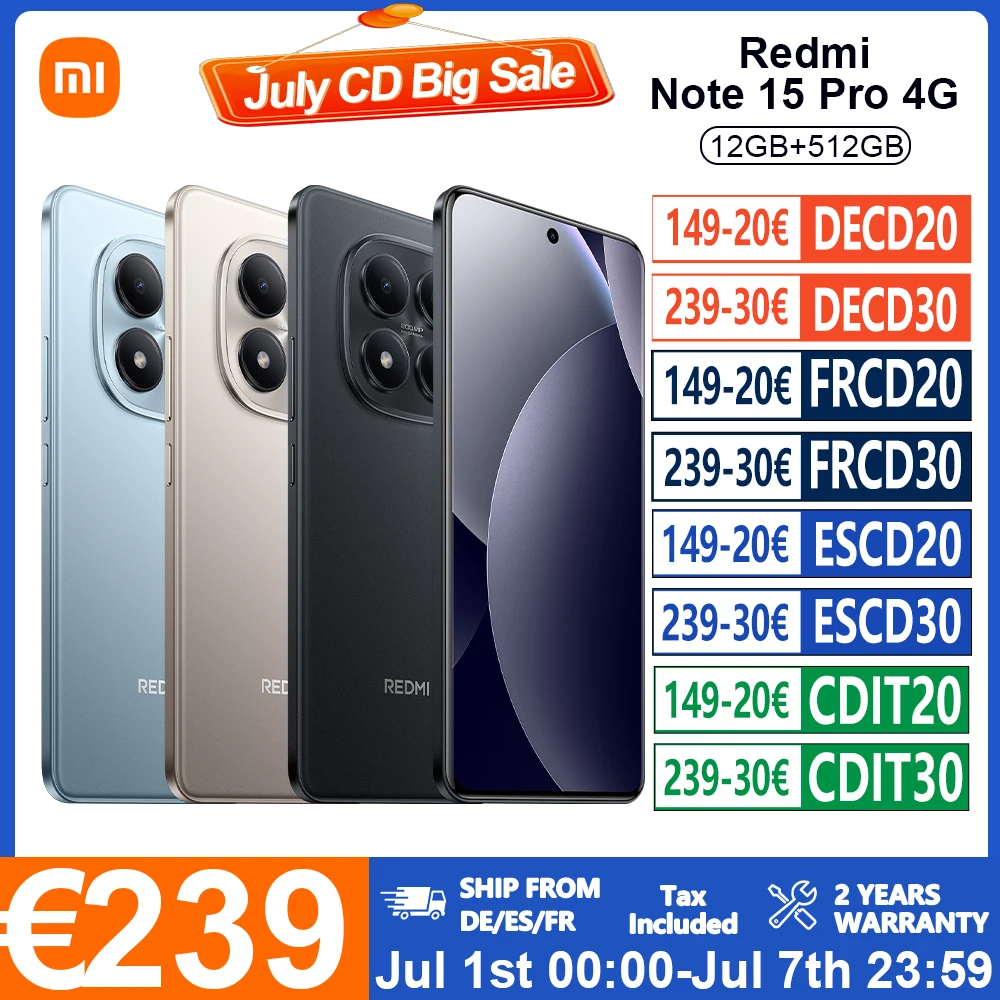 Redmi Note 15 Pro 4G Version Globale, écran AMOLED 6,77'' 120Hz, appareil photo 200MP OIS, batterie 6500mAh avec charge 45W, processeur Helio G900, certifié IP65, stock local