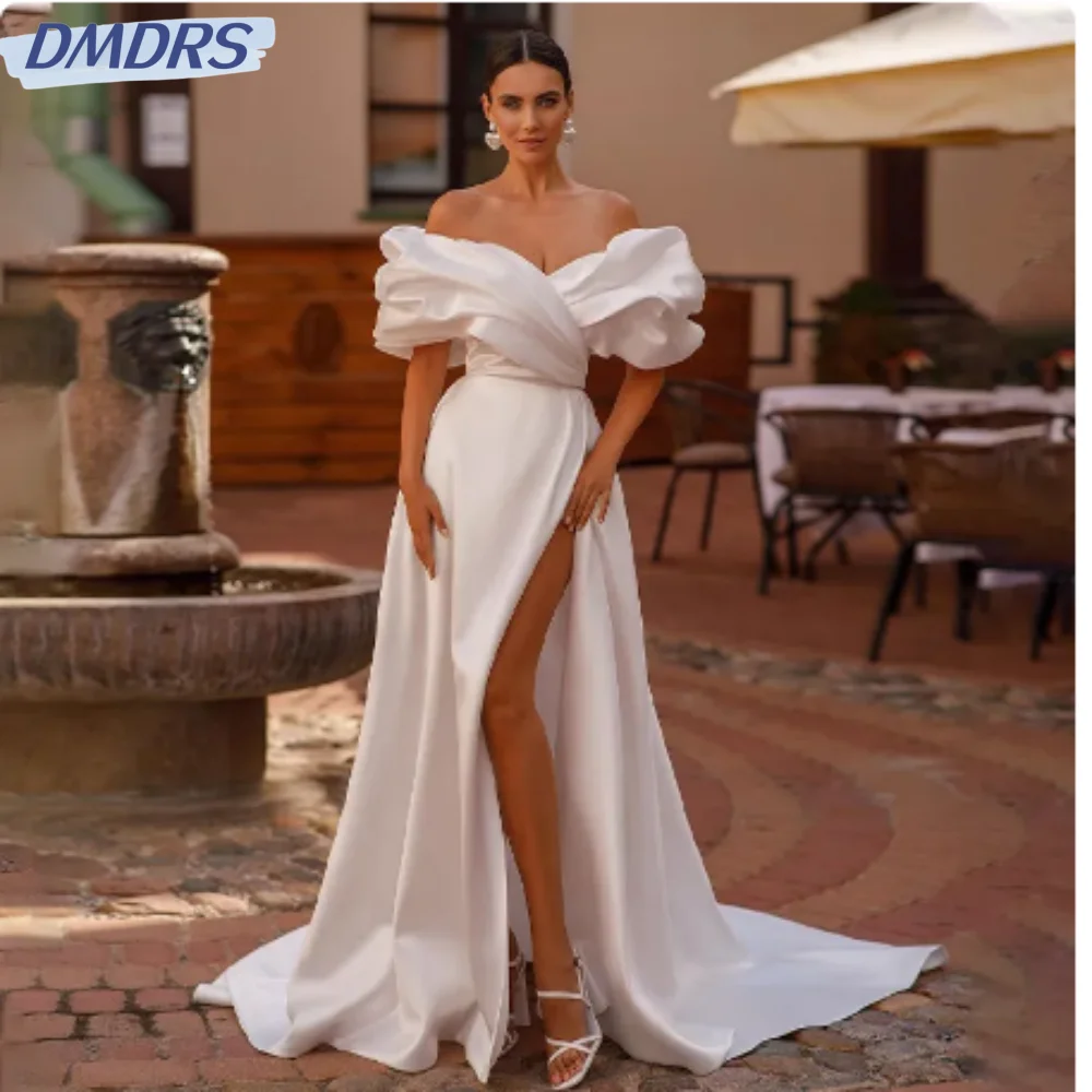 

Sexy Sleeveless Backless Bride Robe Elegant Off The Shoulder Bridal Gown Classic Satin A-line Long Wedding Dress Robe De Mariée