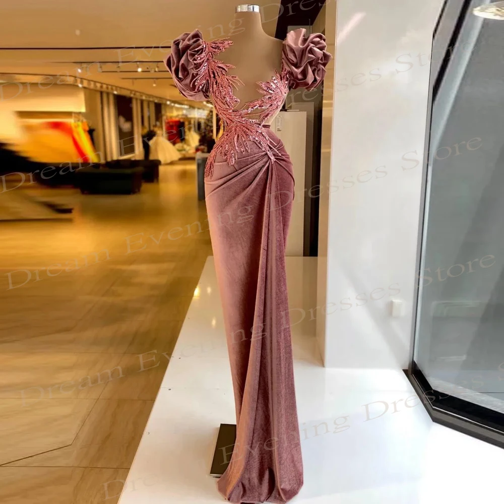 2024 Elegant Beautiful Pink Women's Mermaid Simple Evening Dresses New Short Sleeve Prom Gowns Appliques Pleated Formal Occasion