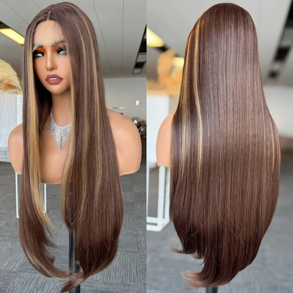 X-TRESS 32 Inch Straight Synthetic Lace Front Wig Honey Blonde Colored Highlight Middle Part Lace Wigs with Baby Hair for Women