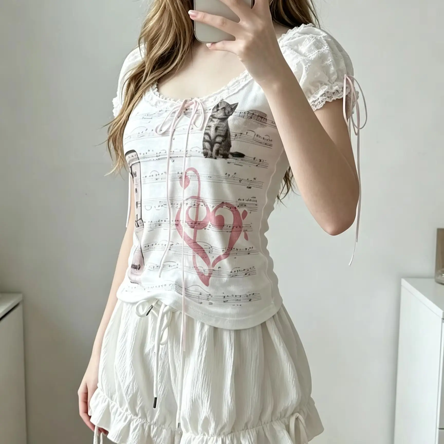 Sheet Music Kitten Print Short Top Lace Trim Puff Short Sleeve Front Ribbon Tie Square Neck Slim Cropped Sweet Casual Tee Shirt